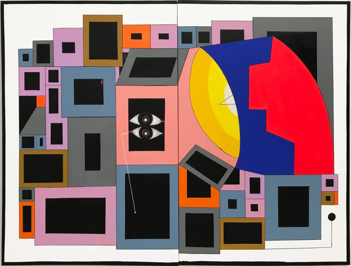 multiple sized black squares encased in muted squares of grey, purple, blue and peach, with a set of eyes staring at the viewer with a spotlight shining on them