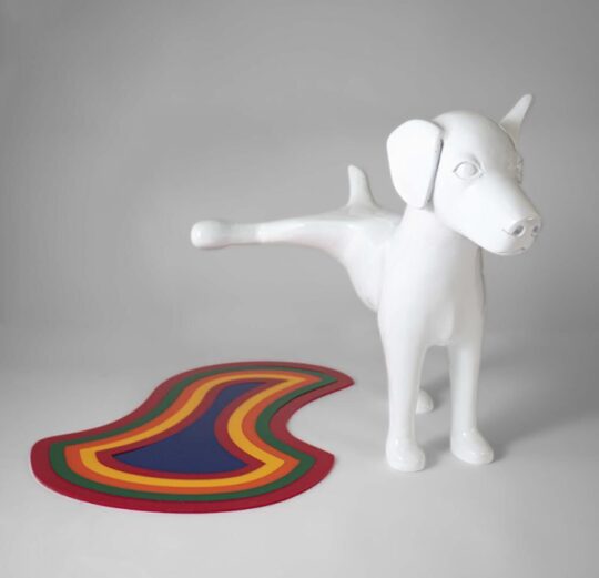ceramic dog peeing rainbow puddle