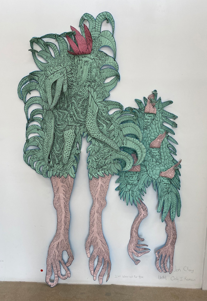 two fruited bodies sewn pink weird legs and green furry verdant bodies