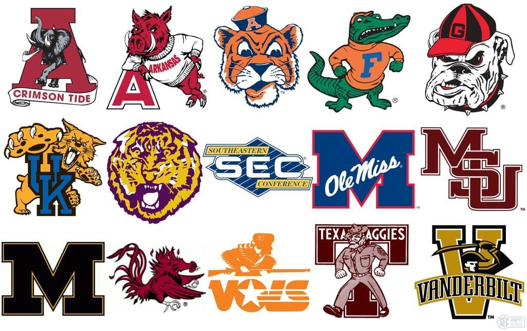 cartoon college football logos in alphabetical order. Alabama, Arkansas, Auburn, Florida, Georgia, Kentucky, LSU, the SEC, Ole Miss, Mississippi State, Mezzo, South Carolina, Tennessee, Texas A&M and Vanderbilt.
