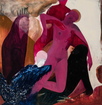 a painting of several human-like figures, one with hot pink skin is held like a cross between the multiple figures, resembling depictions of Christ being taken down from the cross. the expression on their face is forlorn but not necessarily sad