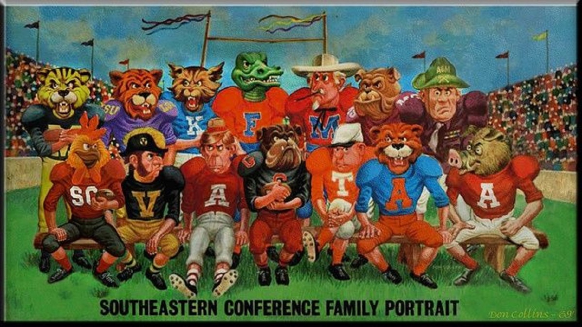 a painting of 14 college football mascots with all with human bodies but 9 with animal heads in their school colors.