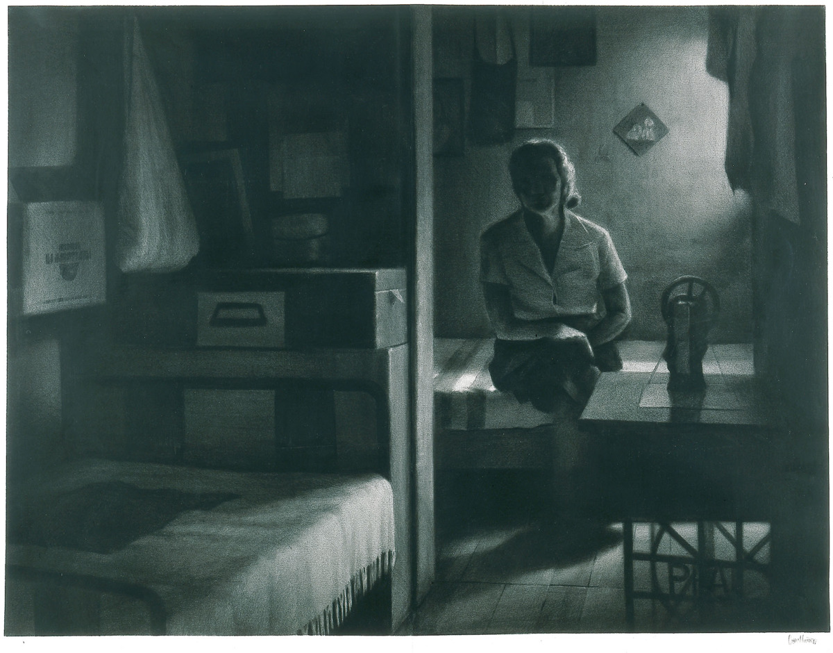 a black and white pencil drawing of a woman sitting on a bed near a sewing machine, frowning, wearing a white shirt and black skirt.
