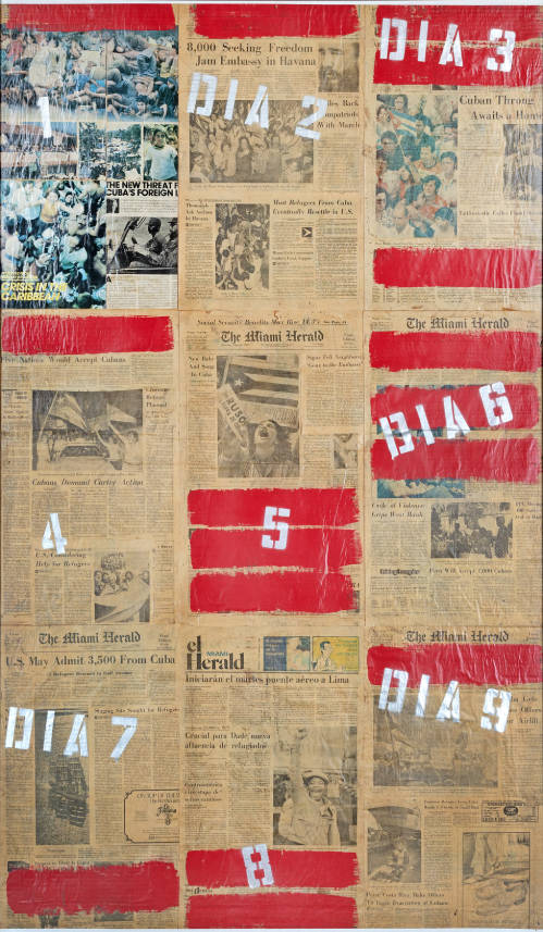close up view of miami newspapers with red paint stripes and white painted words with numbers
