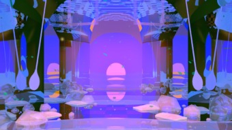 a large purple 3d animation showing grecian columns that lead into a gradient neon lavender dreamscape