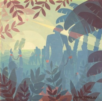 a jungle scene featuring blue silhouettes with shackles around their wrists