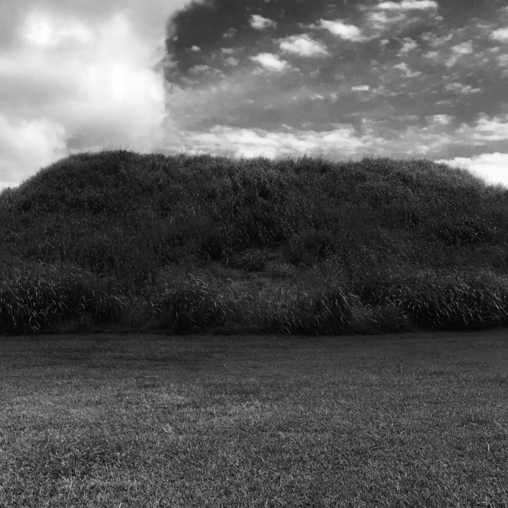 a black and white photograph of a large earthen mound covered in tall grasses.