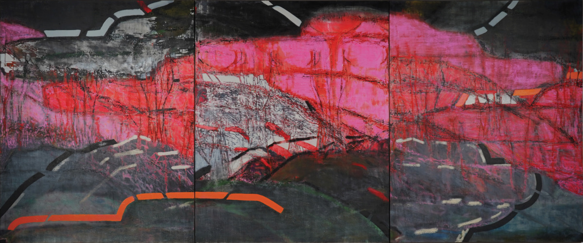 pink red and black abstract landscape with dashed lines and white abstract hill in middle