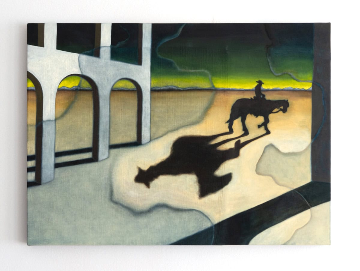 a painting of a man on horseback riding into the sunset