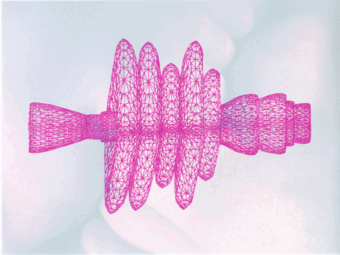 a magenta 3-d model of a data set that appears like a splattered Rorschach test, rotating in 360 view