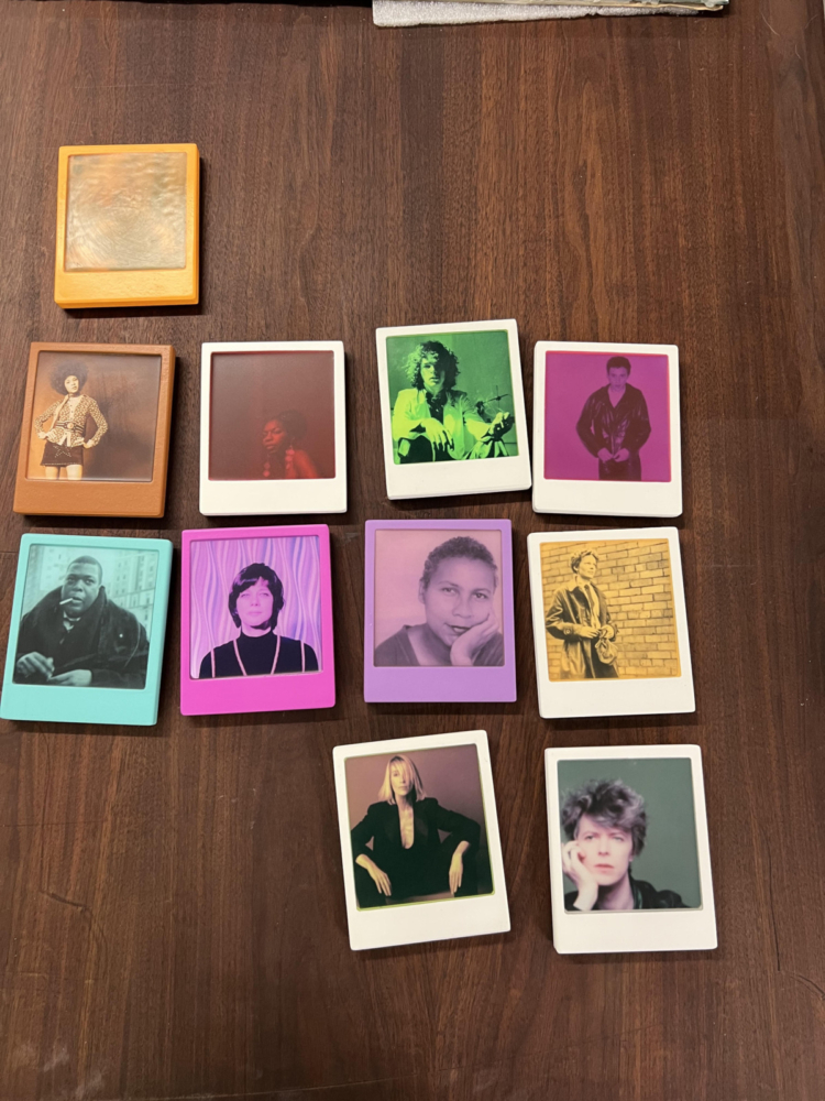 monochromatic polaroids of celebrities like bell hooks, david bowe, and nina simone