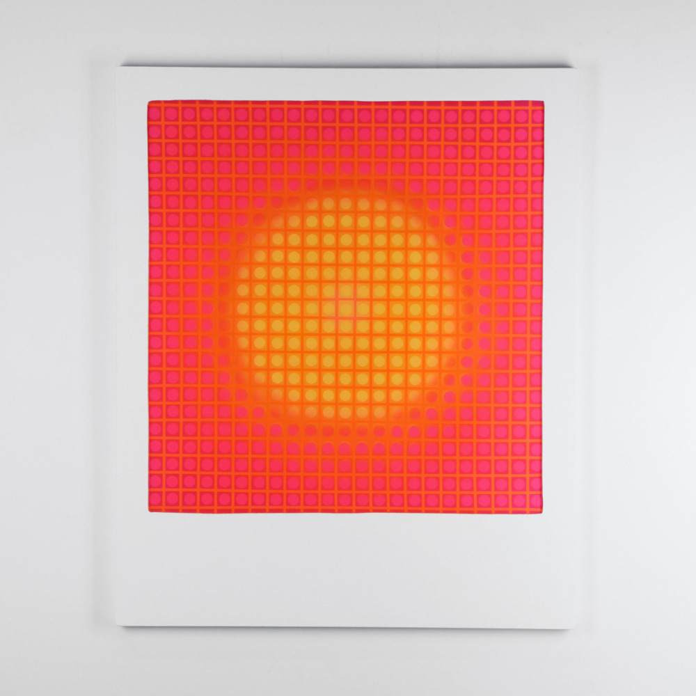a yellow circle surrounded by scarlet hues, with an orange grid-pattern across the entire painting