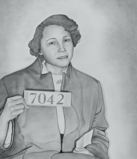 a black-and-white pencil drawing of a lighter-skinned Black woman holding a case number board 