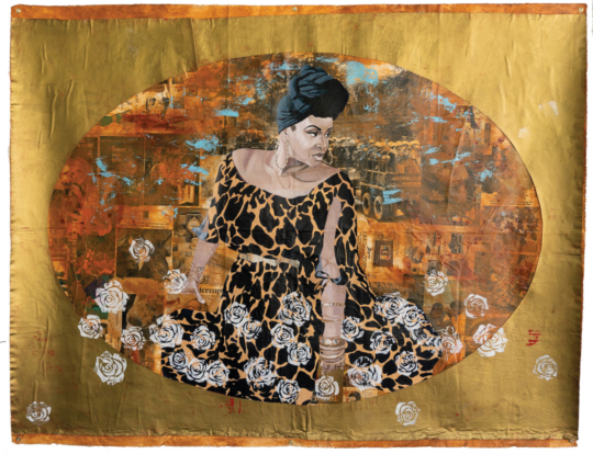 gilded portrait of Black woman wearing a printed dress and headwrap