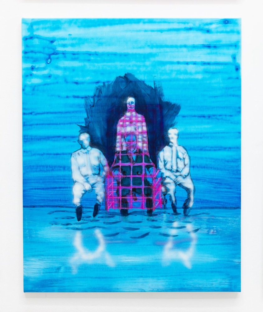 blue painting of four men, two are entangled in a pink net