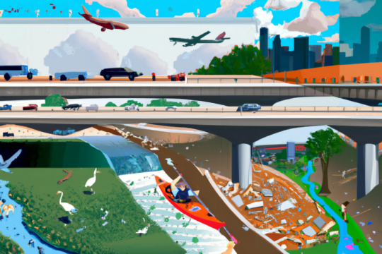a collage of an urban landscape showing trucks and cars on a highway over a polluted waterway