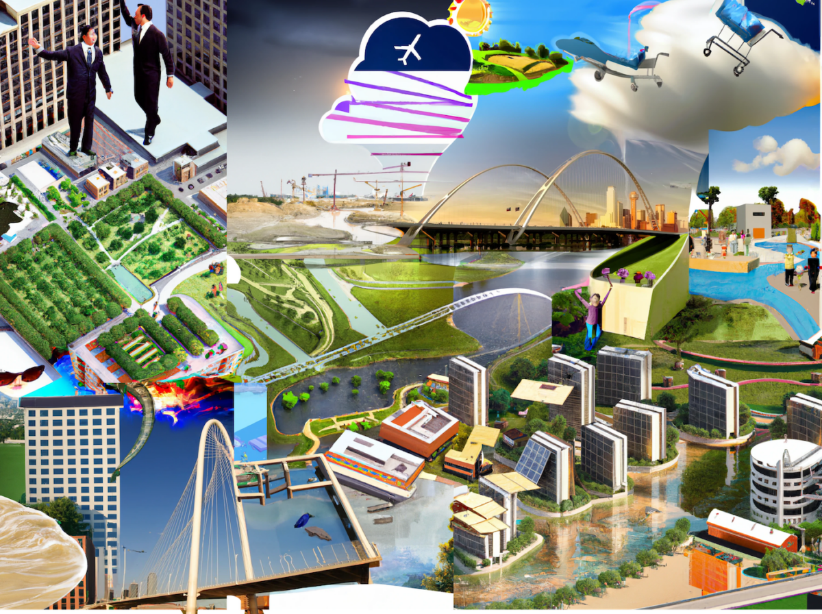 a collage of an urban landscape showing trucks and cars on a highway over a polluted waterway, business men in suits standing next to tall buildings, and bridges