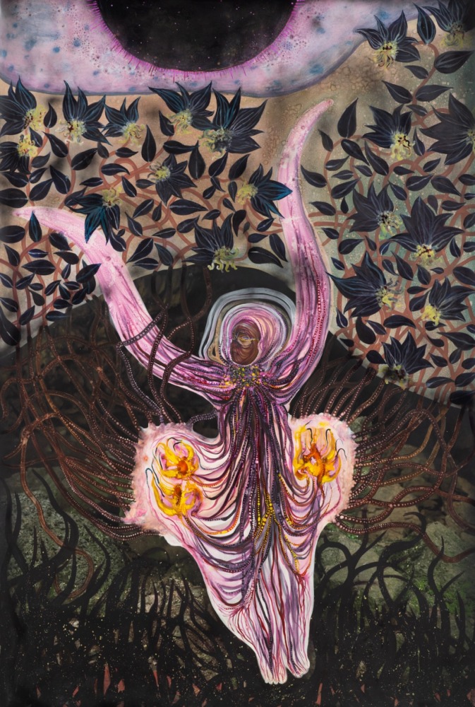 the painted image of an otherworldly lavender hued creature, waving its arms upward, the surrounding landscape is soil-like, as if the figure is a planted seed seen from below the ground