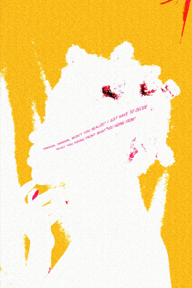 yellow background with white silhouetted figure portrait and pink text across the head