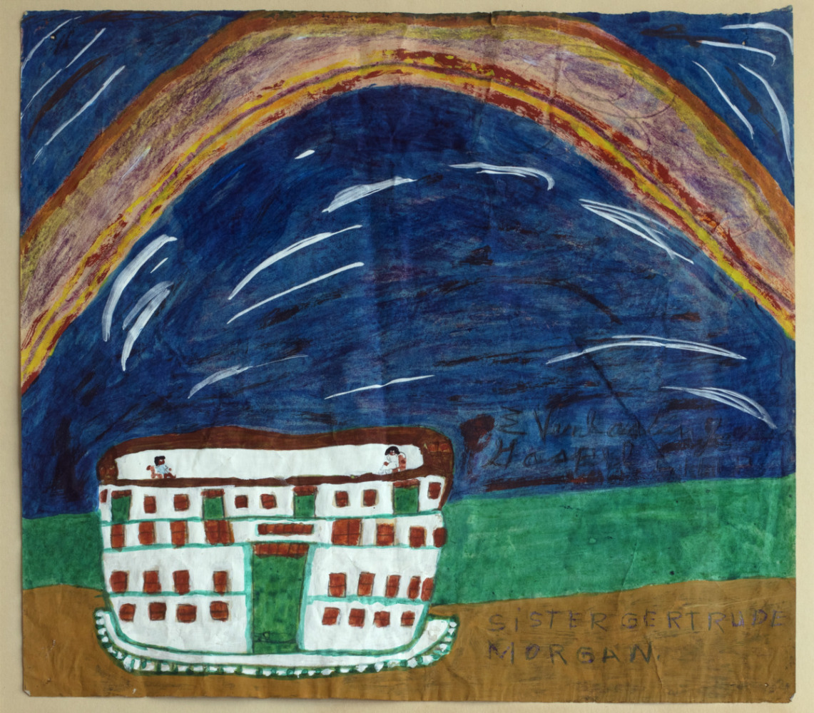 A painting with strong block of blue, green and brown with a geometric white ship in the foreground. The author signed her name in large letters, Sister Gertrude Morgan