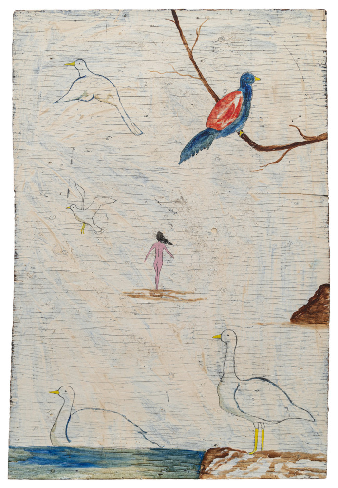 A delicate painting with birds painted and drawn, with one nude white figure in the distance. 