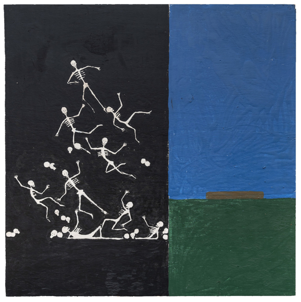 In this painting, white skeletons fall on a black background beside flat blocks of color in green and blue. 