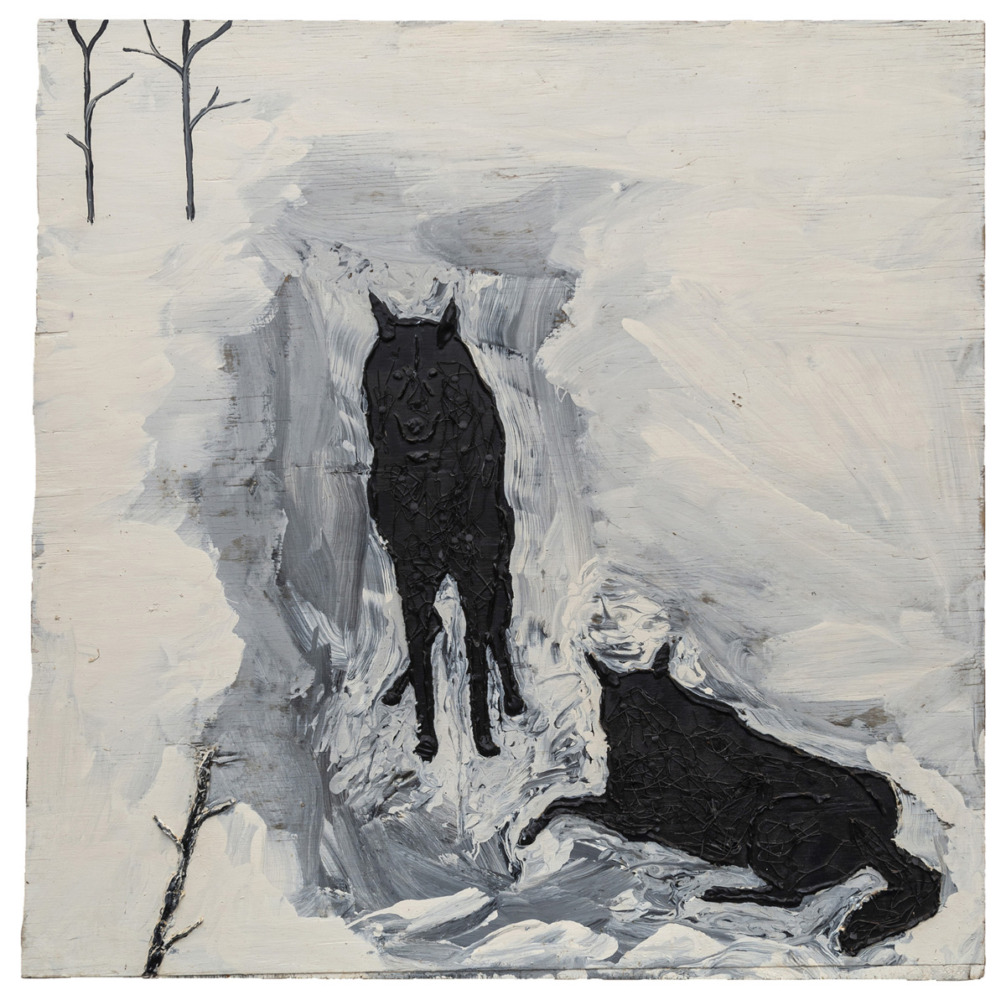 In the painting two black wolves face out among a snowy scene. 