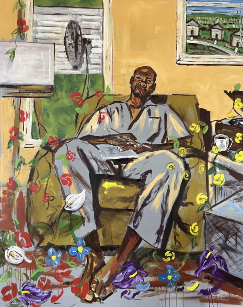 A lush painting of a black man sitting in a simple golden chair with flowers cascading around the figure. 