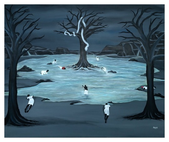 a painting of a body of water surrounded by dark black trees and smaller human figures