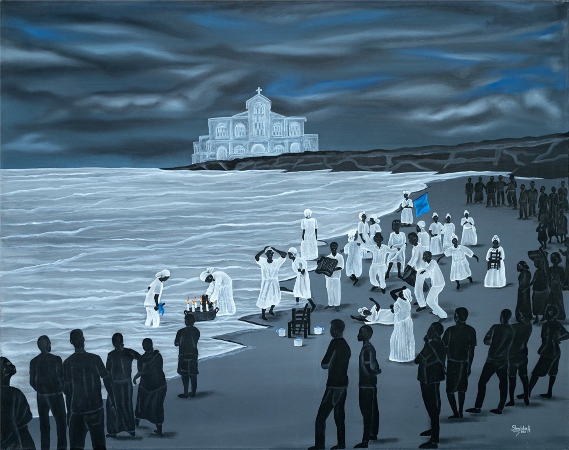 nighttime ritual scene on a beach with white church in background dozens of white robed healers and laypeople in black clothing at nighttime with dark blue sky and gray clouds above a small vessel with candles