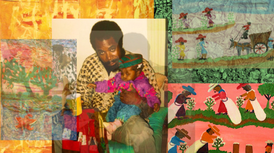 a colorful collage featuring a family photo of a Black father with their young child and folk art works by artists like Clementine Hunter