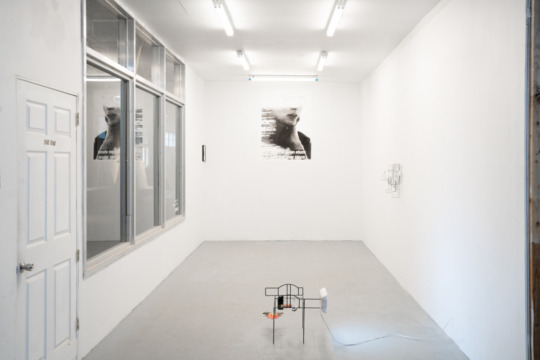 a white walled gallery space with minimal art works on the wall and a small sculpture at the center of the room