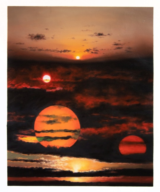 multiple sunset photographs superimposed on top of each other, signifying the warmth of many suns