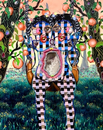 mixed media panel sculpture depicting a grotesque glitter figure