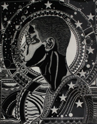 scratch etching of a black man in front of a celestial background