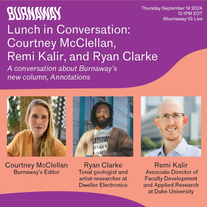 Flyer for Lunchtime Conversation program between Courtney McClellan, Remi Kalir, and Ryan Clarke