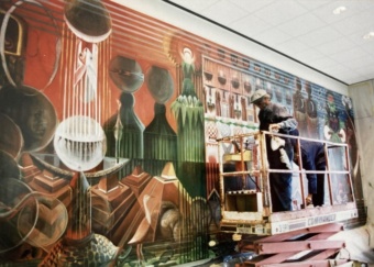 John T. Biggers working on Salt Marsh, 1997, located at University of Houston-Downtown Academic Building, Houston, Texas. Image by and courtesy of Public Art, University of Houston System. © Estate of John Biggers, Courtesy of Michael Rosenfeld Gallery LLC, New York, NY.