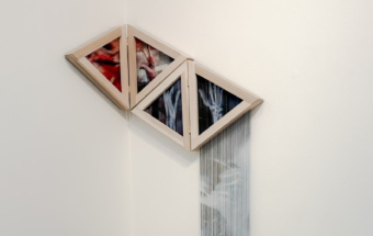 Mona Bozorgi, "Interstice," 2025, archival inkjet print on silk fabric (dismantled), 80 x 40 inches at Swan Coach House Gallery, Atlanta, Georgia. Photograph by and courtesy of Heather Bird Harris.